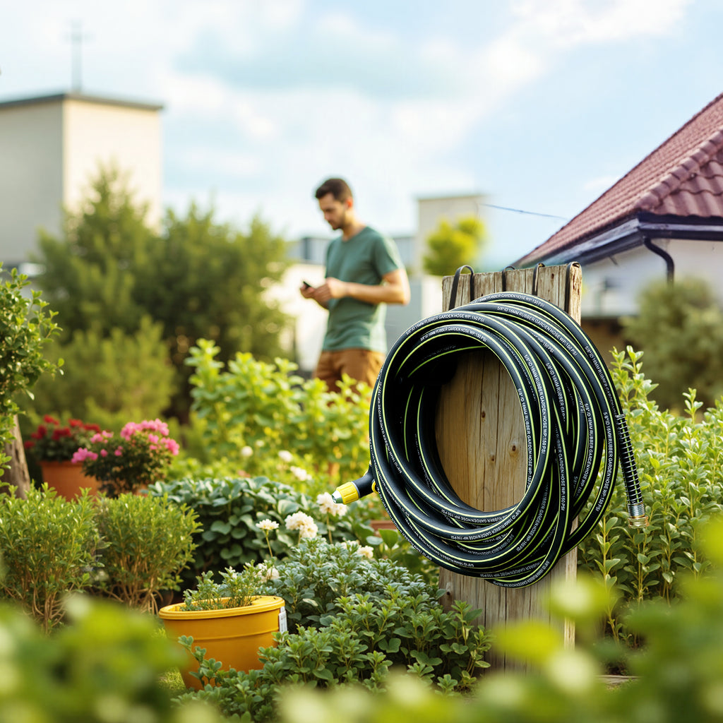 Wurzberge Rubber Garden Water Hose 25ft, 5/8" Leak Proof Garden Hose with Brass Connector, Flexible Hose Pipe for Lawn, Watering Cleaning & Washing