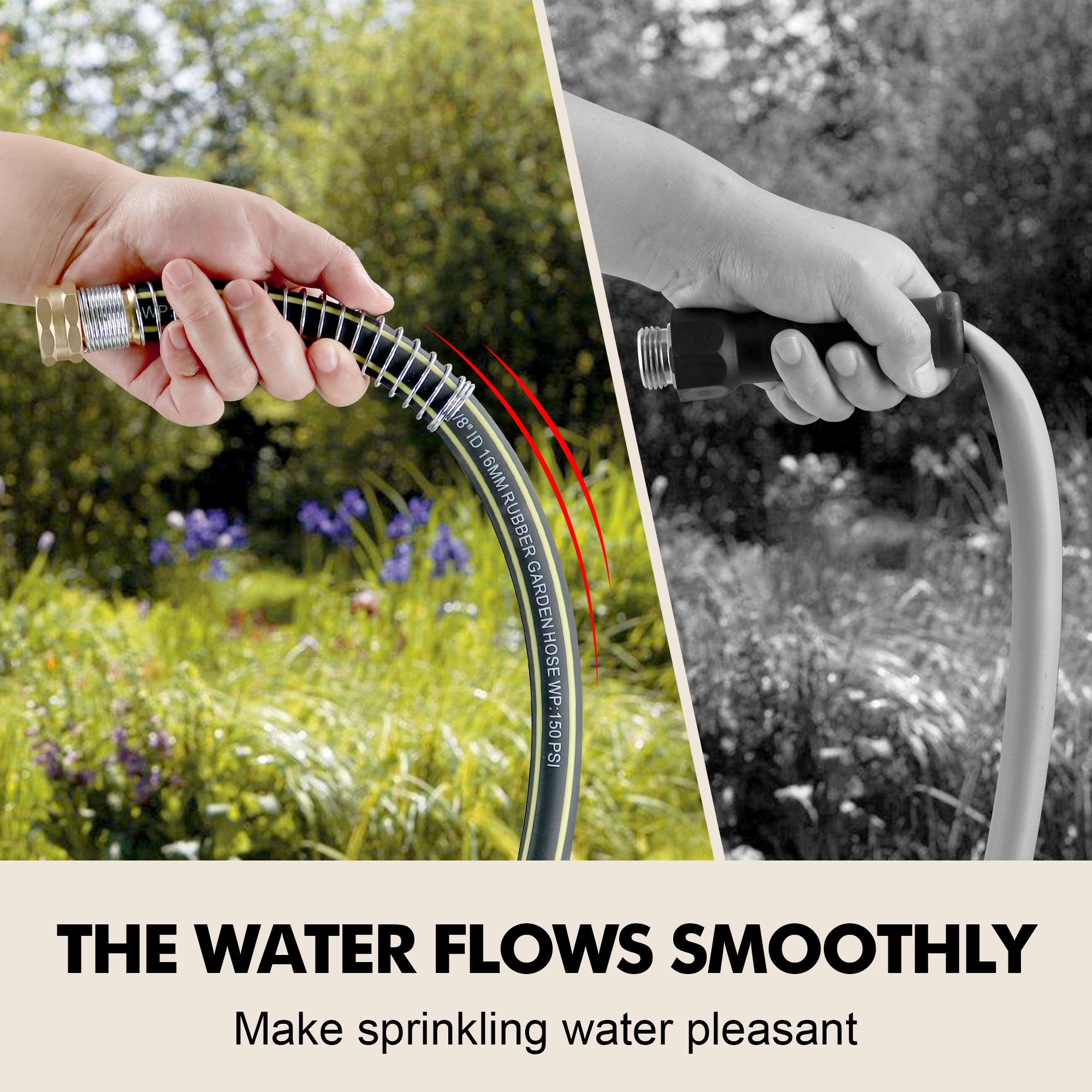 Wurzberge Rubber Garden Hose 50ft, 5/8" Leak Proof Water Hose Pipe with Brass Connector, Flexible and Lightweight for Easy Move Round Yard